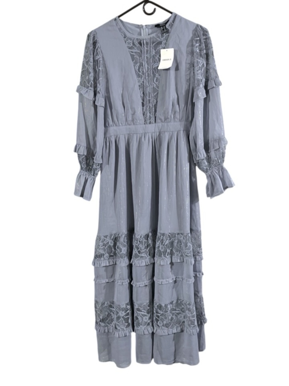NWT Forever 21 long-sleeve maxi dress sheer lace paneling and tiered ruff Sz M